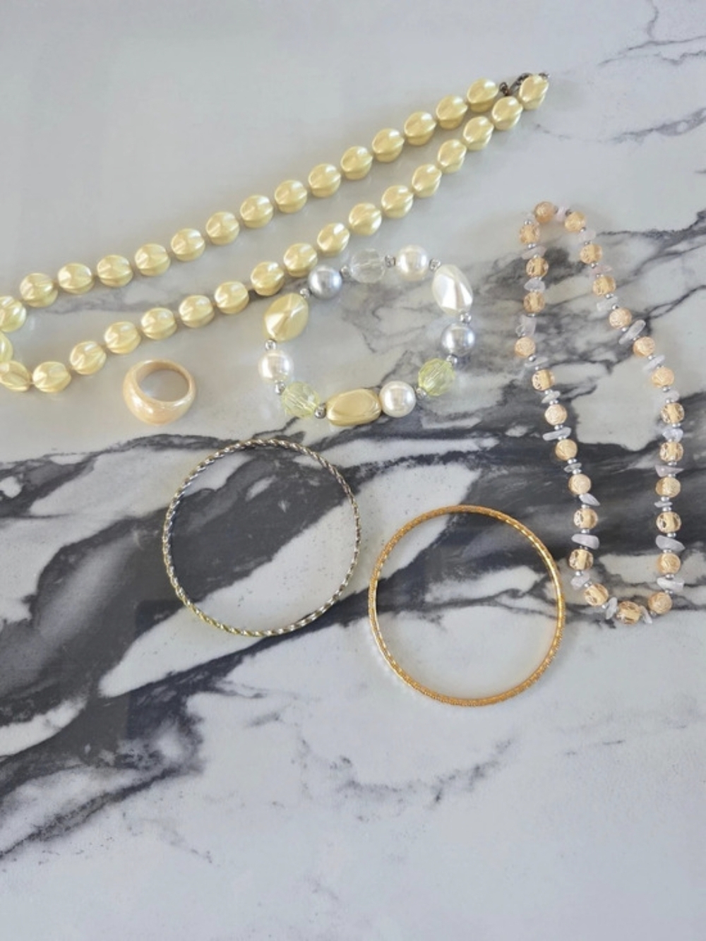Bundle of 6 Vintage-Vibe Pastel Yellow Jewelry Lot: Necklaces, Bracelets & Ring